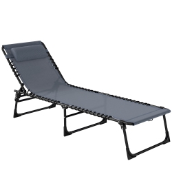 OUTSUNNY Outdoor Folding Lounge Chair, 4-Level Adjustable Chaise Lounge \w Headrest, Tanning Chair Beach Bed, Reclining Lounger Cot for Camping