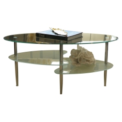 TITUS FURNITURE Glass 3 Shelf Modern Round Oval Coffee Table With Chrome Tapered Legs