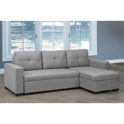 TITUS FURNITURE Linen Fabric Contemporary Pull-Out Sofa Sectional With Storage Button Tufting Full Sleeping Area Easy Transition In Grey