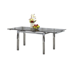 TITUS FURNITURE Clear Glass Modern Extendable Dining Table With Chrome Finish Metal Pillar Legs Seats 4- 6