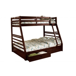 TITUS FURNITURE Espresso Wood Finish Single Over Double 39"/54" Bunk Bed With Full Length Guardrails, Ladder And 2 Storage Drawers