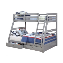 TITUS FURNITURE Wood Finish Single Over Double 39"/54" Bunk Bed With Full Length Guardrails, Ladder And 2 Storage Drawers In Grey
