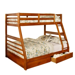 TITUS FURNITURE Honey Wood Finish Single Over Double 39"/54" Bunk Bed With Full Length Guardrails, Ladder And 2 Storage Drawers