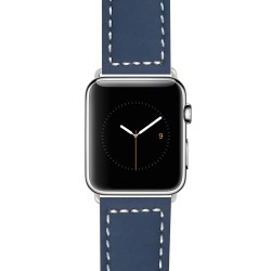BANDINI Blue, Racer Stitching, Leather 42MM Apple Watch Strap Band, Stainless Steel Buckle, Fits Series 1, 2 & 3 In White