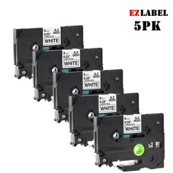 EZLABEL 5 Pack Tze211 Tze-211 Compatible Black On Label Laminated Tape for Brother P-Touch Printer, 6MM X 8M In White