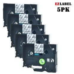 EZLABEL 5 Pack Tze131 Tze-131 Compatible On Clear Laminated Tape for Brother P-Touch Printer, 12MM X 8M In Black