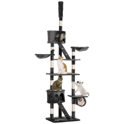 PAWHUT Cat Tower for Large Cats Adult, Floor to Ceiling Cat Tree Adjustable Height 94"-102" Multi-Level \w Scratching Posts, Cozy Hammock, Pompoms