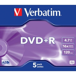 VERBATIM 43497 DVD+R 4.7 GB 5 Pack Jewel Case 16X 120M