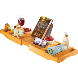 NAVOR Luxury Bamboo Bathtub Tray Caddy - Expandable And Nonslip Bath Caddy With Book/tablet And Wine Glass Holder - Great Gift Idea for Loved Ones
