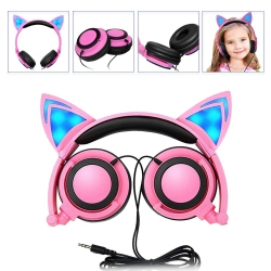 HLD Cat Ear Headphones Over Ear Wired Kids Earphones With Foldable Led Light Flashing Compatible Headset