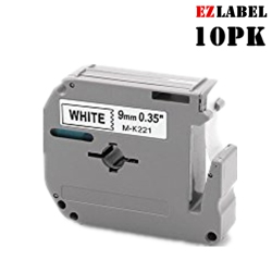 EZLABEL 10 Pack Mk221 M-K221 (9MM X 8M) Black On Compatible With P-Touch Label Maker In White