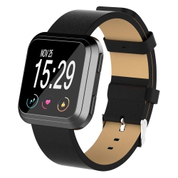 STRAPSCO Genuine Leather Watch Band Strap for Fitbit Versa In Black