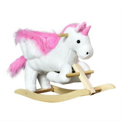 QABA Baby Rocking Horse, Plush Animal Rocker for Toddlers Aged 18-36 Months, Stuffed Ride Toy With Sounds, Seat Belt And Pink In White