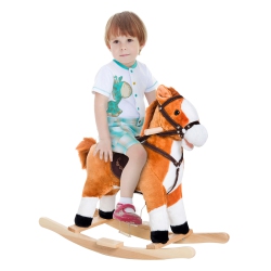 QABA Kids Plush Rocking Horse Child Ride On Toy Rocker With Realistic Sounds In Brown