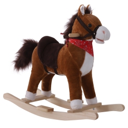 QABA Kids Plush Rocking Horse Child Ride On Toy Rocker With Realistic Sounds Coffee