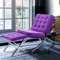 FURNITURER Barcelona Style Recliner With Ottoman Set Lounge Chair In Popular Velvet Fabric Chrome Struture In Purple