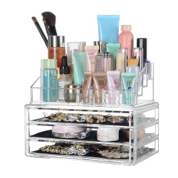 SORTWISE Diy Detachable 3 Drawers Acrylic Cosmetic Makeup Organizer，clear Storage Container Box Case （9.4" X 7.5", 2 Pieces Set）