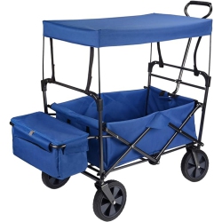 YARDLAB Collapsible Canopy Folding Wagon Utility Cart, Rubber Tire Outdoor Garden Shopping Toy Cart With Canopy In Blue