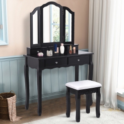 COSTWAY Makeup Dressing Table Vanity Set Tri Folding Mirror W/ Stool In Black
