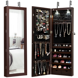 COSTWAY Wall Mount Mirrored Jewelry Cabinet Organizer Armoire W/ Led Lights