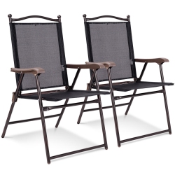 COSTWAY Set Of 2 Patio Folding Sling Back Chairs Camping Deck Garden Beach In Black