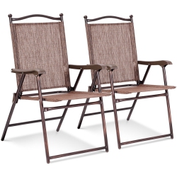 COSTWAY Patio Folding Sling Back Chairs Camping Deck Garden Beach Set Of 2 In Brown
