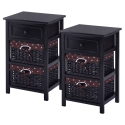 COSTWAY Set Of 2 Nightstand 3 Tier 1 Drawer Basket End Table Organizer Wood