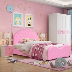COSTWAY Kids Children Pu Upholstered Platform Wooden Princess Bed Bedroom Furniture In Pink