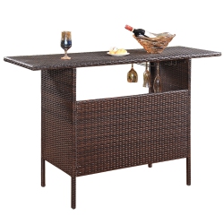 COSTWAY Outdoor Patio Rattan Wicker Bar Counter Table With Storage Shelves In Brown