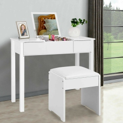 COSTWAY Vanity Dressing Table Set Mirrored Bathroom Furniture W/ Stool &storage Box In White