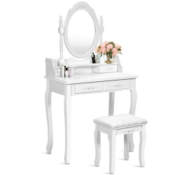 COSTWAY Vanity Wood Makeup Dressing Table Stool Set Bathroom With Mirror + 4Drawers