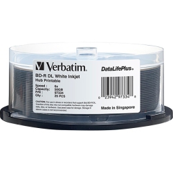 VERBATIM Bd-R Dl 50GB 6X Datalifeplus Inkjet Printable, Hub Printable - 25Pk Spindle In White