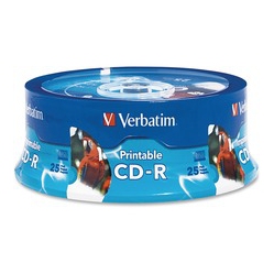 VERBATIM CD-R 700Mb 52X Inkjet Printable, Hub Printable - 25Pk Branded Spindle (96189) In White