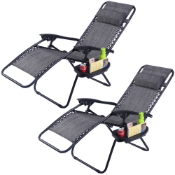 COSTWAY 2PC Folding Zero Gravity Reclining Lounge Chairs Beach Patio W/ Utility Tray