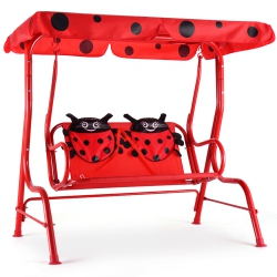 COSTWAY Kids Patio Swing Chair Children Porch Bench Canopy 2 Person Yard Furniture In Red