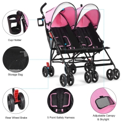 BABYJOY Twin Baby Double Stroller Kids Ultralight Umbrella Stroller Pushchair In Pink