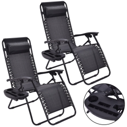 COSTWAY 2PC Zero Gravity Lounge Chairs Patio Folding Recliner Outdoor W/ Cup Holder