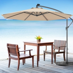 COSTWAY 10' Hanging Solar Led Umbrella Patio Sun Shade Offset Market W/ Base
