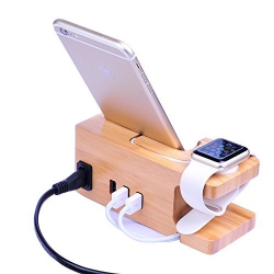 HLD Bamboo USB Charging Station, 3 USB Ports 3.0 Hub, for Iphone 7/7Plus/6S/6/plus/5S & 38Mm/42MM Apple Watch, Samsung & Others