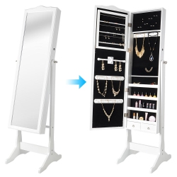 SORTWISE Lockable Jewelry Armoire Floor Standing Wooden Jewelry Cosmetic Mirror Cabinet Chest With Lock & Mirrored Door for Bedroom Home (White)