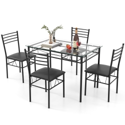GYMAX 5 Piece Dining Set Glass Top Table & 4 Upholstered Chairs Kitchen Room Furniture