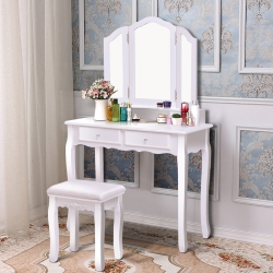 GYMAX Bathroom Tri Folding Mirror Vanity Makeup Table Stool Set In White