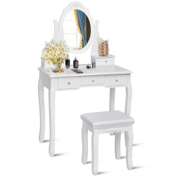 GYMAX Bathroom Wooden Mirrored Makeup Vanity Set Stool Table Set 5 Drawers In White
