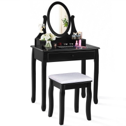 GYMAX Bathroom Wooden Mirrored Makeup Vanity Set Stool Table Set In Black