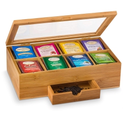 BAMBUSI Bamboo Tea Box With Magnetic Closing Lid 8 Storage Sections & Expandable Drawer