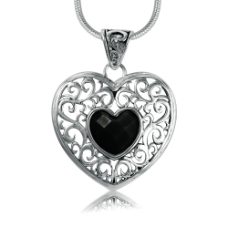 METALSMITHS STERLING Sterling Silver Panos K Designs Scroll Onyx Heart Pendant In Black