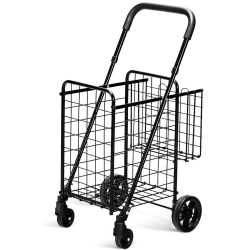 COSTWAY Folding Shopping Cart Jumbo Basket Rolling Utility Trolley Adjustable Handle