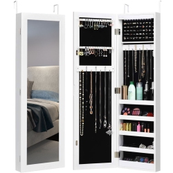 COSTWAY Wall & Door Mounted Mirrored Jewelry Cabinet Armoire Organizer Storage Led Light