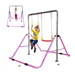 PROKIDFIT Kids 3 In 1 Jungle Gym Monkey Bars Horizontal Climbing Tower Deluxe Swing Set W Trapeze Rings In Pink
