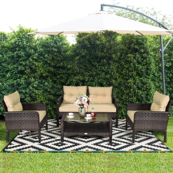COSTWAY 4PCs Patio Rattan Furniture Set Loveseat Sofa Coffee Table Garden W/ Cushion
